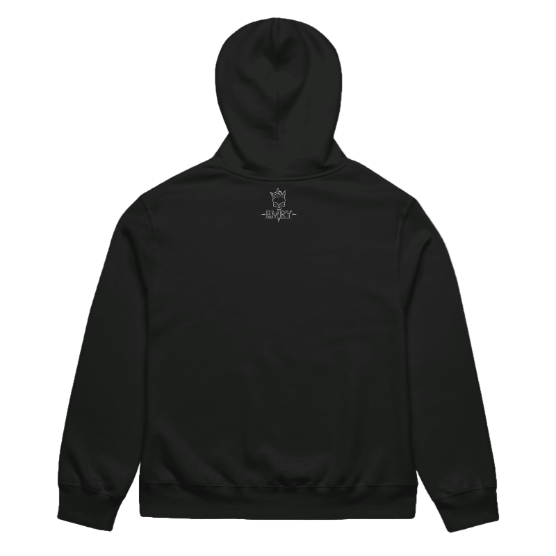 Black hoodie with a logo on the back against a white background