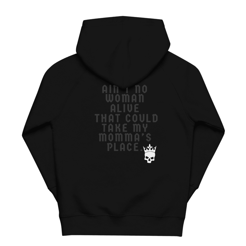 Black hoodie with text and skull design on the back against a white background